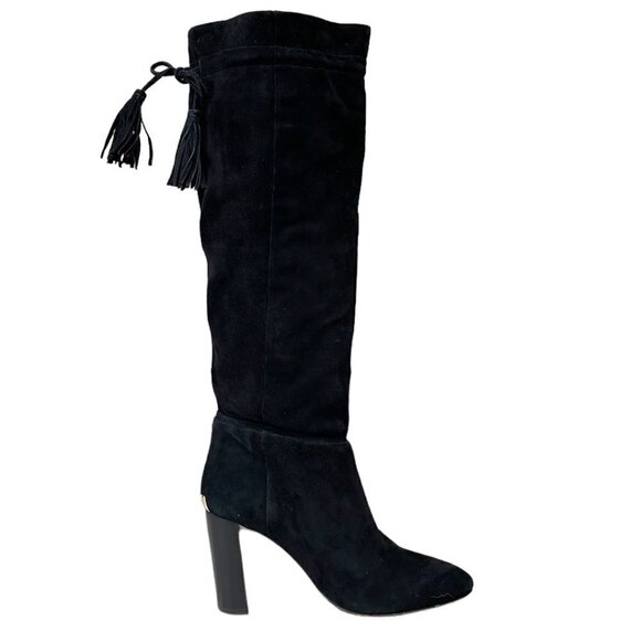 Kate Spade Shoe Over the Knee Heeled Boot Black Suede Leather 6 1/2 Medium M - Picture 2 of 16